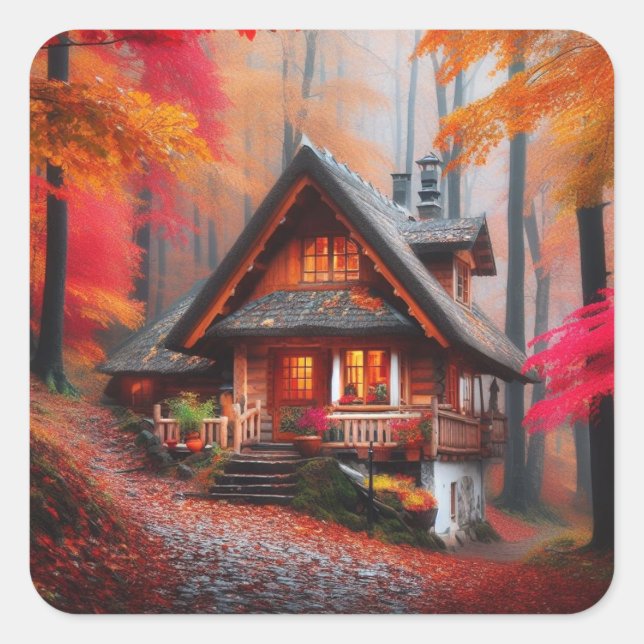 Beautiful Cozy cabin with Autumn leaves Square Sticker (Front)