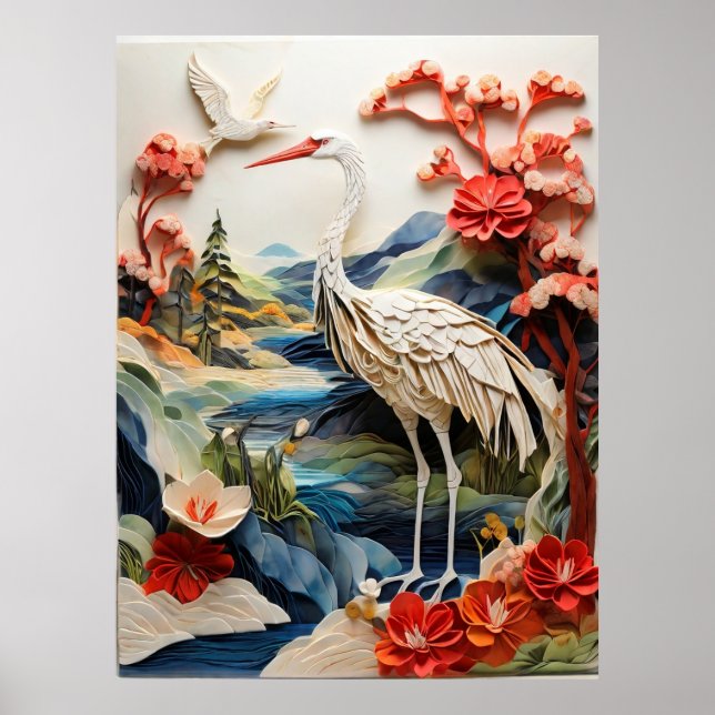 Beautiful Crane imitation Japanese paper art Poster (Front)