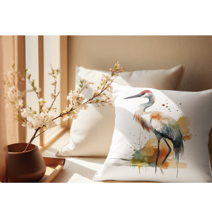 beautiful crane in watercolor throw pillow