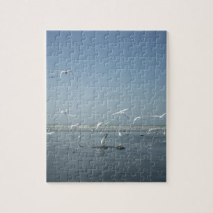 Beautiful Cranes Flying Over Water Nature's Ballet Jigsaw Puzzle