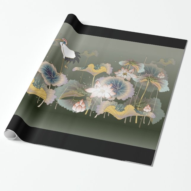 Beautiful Cranes  Lily Pads Wrapping Paper (Unrolled)