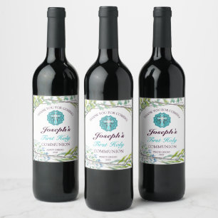Beautiful Cross Blue Floral First Holy Communion  Wine Label