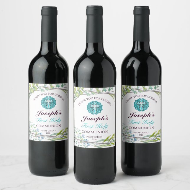 Beautiful Cross Blue Floral First Holy Communion  Wine Label (Bottles)