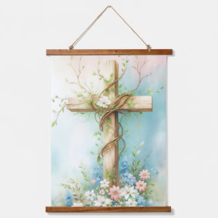 Beautiful Cross with flowers and a vine Hanging Tapestry