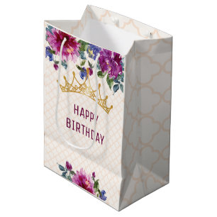 Beautiful Crown Shabby Floral Chic Birthday Medium Gift Bag