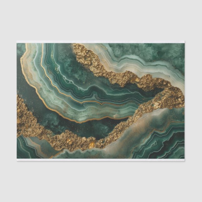 Beautiful crystal geode agate in green and gold tissue paper (Front)