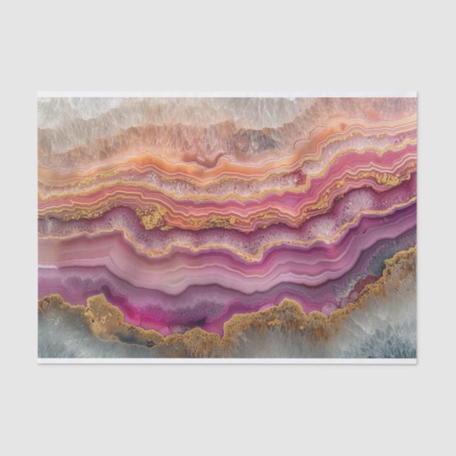 Beautiful crystal geode agate in pink and gold tissue paper (Front)