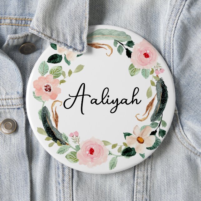 Beautiful Custom Name Monogram Floral Wreath  6 Inch Round Button (In Situ)