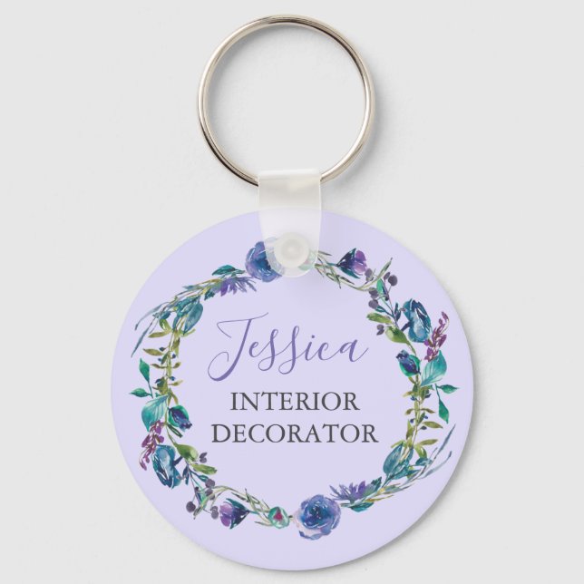 Beautiful Custom Occupation Purple Floral Wreath Keychain (Front)