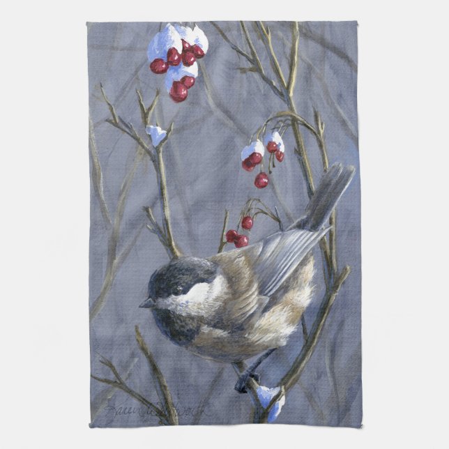 Beautiful Custom Winter Chickadee Holiday Towel (Vertical)