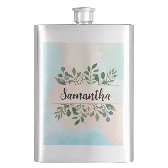 Beautiful Customizable Name Green Leaves Rainbow Hip Flask (Front)