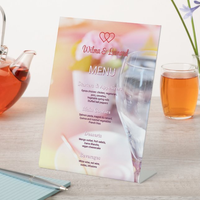 Beautiful customizable vivid Wedding table Menu Pedestal Sign (In SItu)