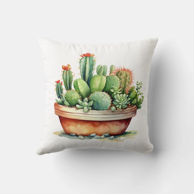 beautiful cute print cactus green potted  throw pillow (Back)
