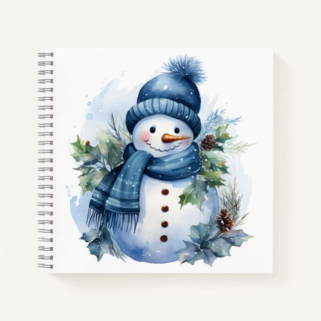 Beautiful Cute Xmas Snowman Wearing Blue Scarf Notebook (Front)