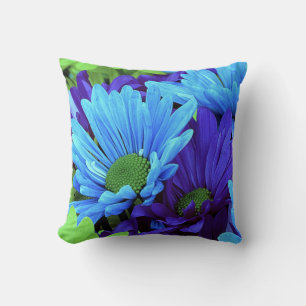 Beautiful Daisies in Indigo Blue, Chartreuse Green Throw Pillow