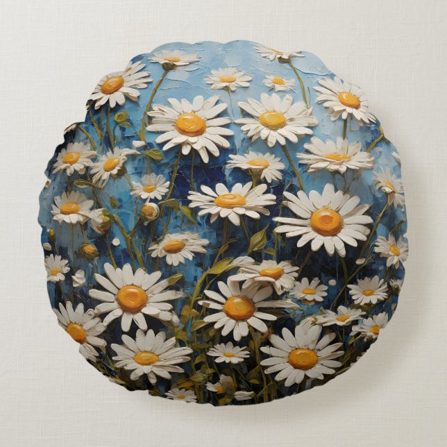 Beautiful daisies on blue background round pillow (Front)