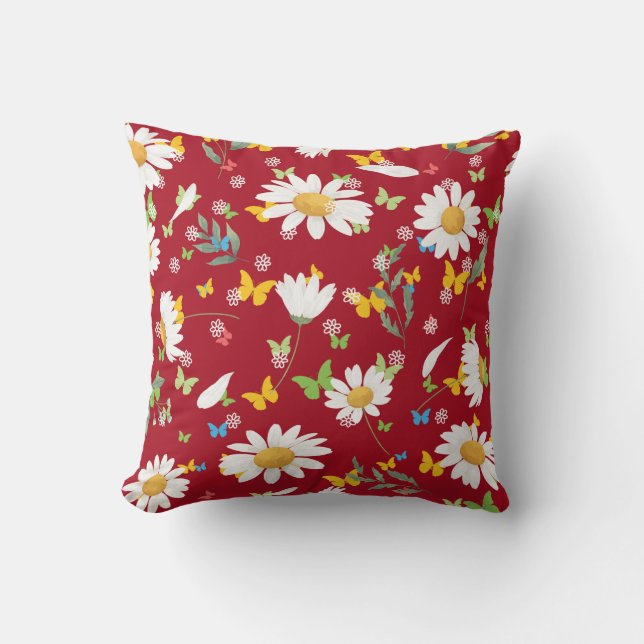 beautiful daisies Over Deep Red Background Throw Pillow (Front)