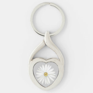 Beautiful Daisy Flower on Light Silver Grey Keychain