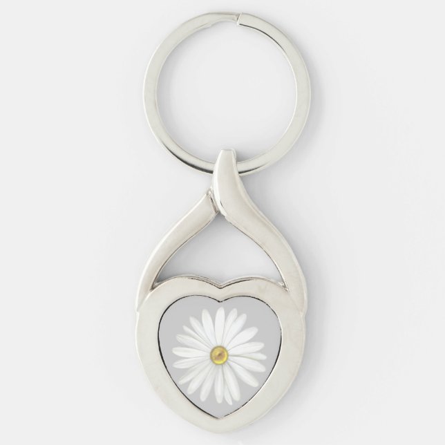Beautiful Daisy Flower on Light Silver Grey Keychain (Front)