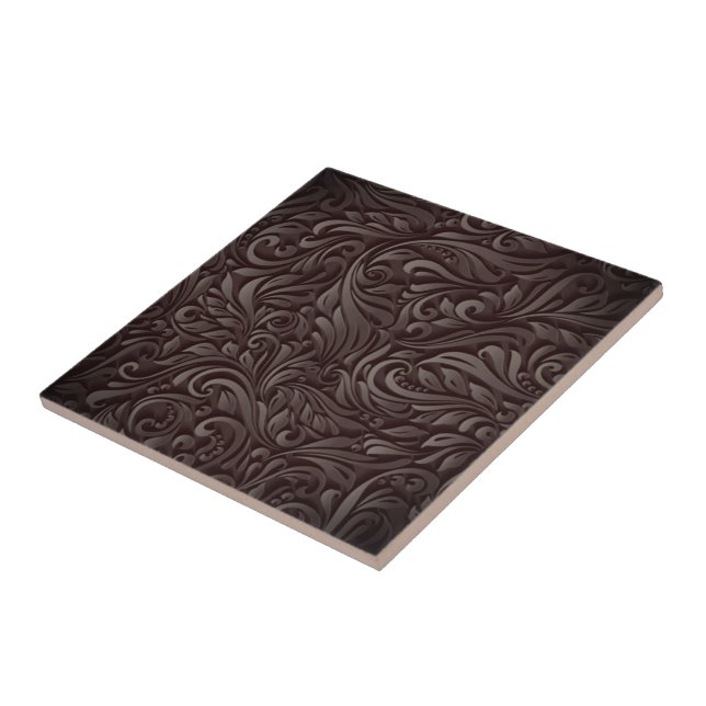 Beautiful Dark Flower Leaves - Brown Wood Carving Tile (Side)