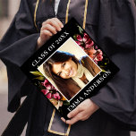 Beautiful Dark Moody Florals Photo Graduation Cap Topper<br><div class="desc">This elegant graduation cap topper features beautiful florals with a single square photo and classic typography over a black background.</div>