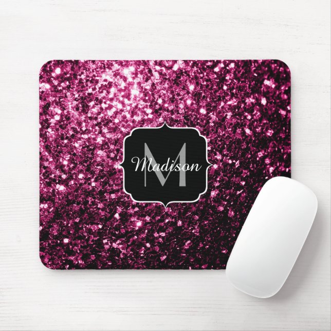 Beautiful Dark Pink glitter sparkles Monogram Mouse Pad (With Mouse)