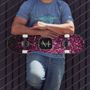 Beautiful Dark Pink glitter sparkles Monogram Skateboard