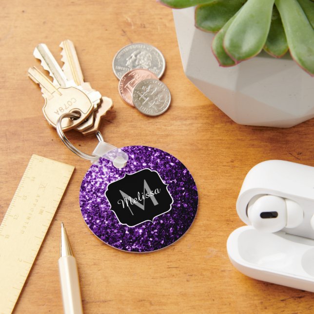 Beautiful Dark Purple glitter sparkles Monogram Keychain (Desk)