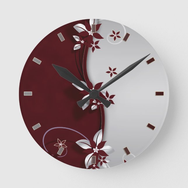 Beautiful dark red and silver grey effect flowers round clock (Front)