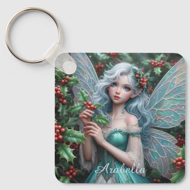 Beautiful December Fairy in Holly Keychain (Front)