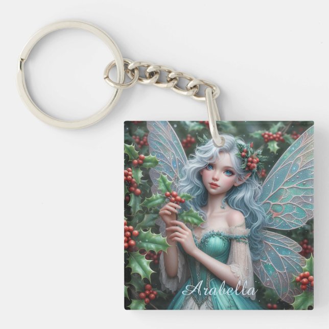 Beautiful December Fairy in Holly Keychain (Front)