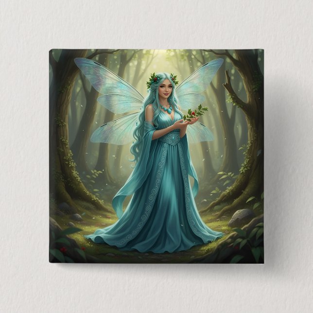 Beautiful December Turquoise Fairy 2 Inch Square Button (Front)