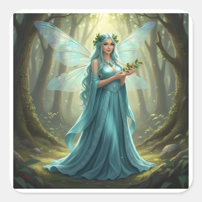 Beautiful December Turquoise Fairy Square Sticker (Front)