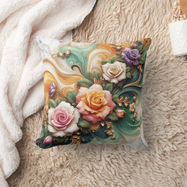 Beautiful Decorative Roses on Colourful Background Throw Pillow (Blanket)
