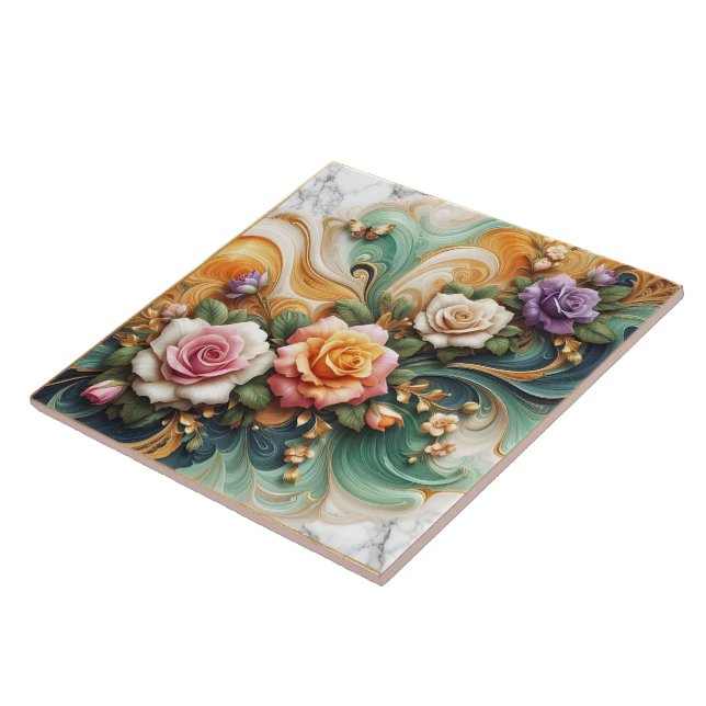 Beautiful Decorative Roses on Colourful Background Tile (Side)