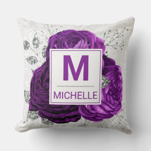 Beautiful Deep Purple and Silver Flowers Monogram Throw Pillow
