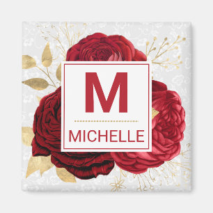 Beautiful Deep Red and Gold Flowers Monogram Magnet