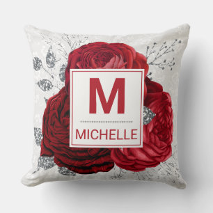 Beautiful Deep Red and Silver Flowers Monogram Throw Pillow
