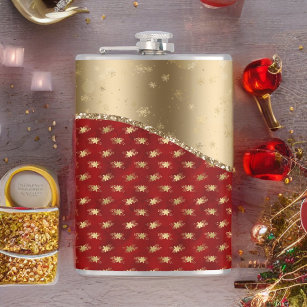 Beautiful Deep Red Floral Pattern with Gold Ribbon Hip Flask