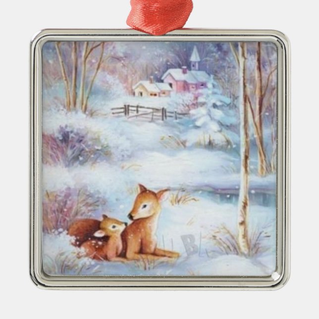 Beautiful Deer and Fawn Christmas Tree  Metal Ornament (Front)