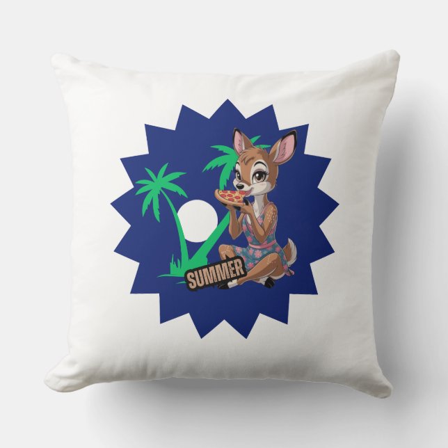 Beautiful deer eat pizza in summer holiday throw pillow (Front)