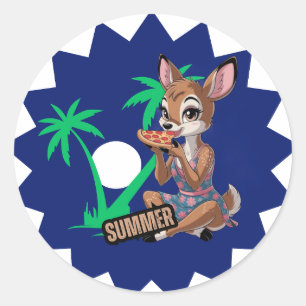 beautiful deer eating pizza in summer holidays classic round sticker