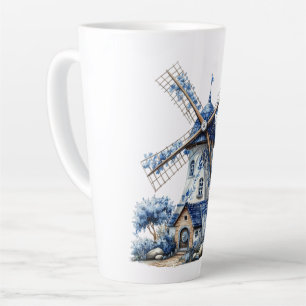 Beautiful Delft Blue Watercolor Windmill Latte Mug
