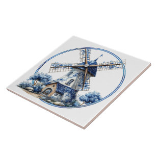 Beautiful Delft Blue Watercolor Windmill Tile