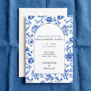 Beautiful delftware arch floral engagement party invitation
