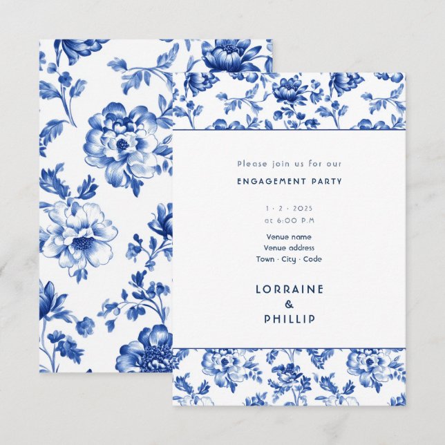 Beautiful delftware floral engagement party invitation (Front/Back)