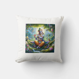 Beautiful depiction of Lord Krishna playing flute Throw Pillow