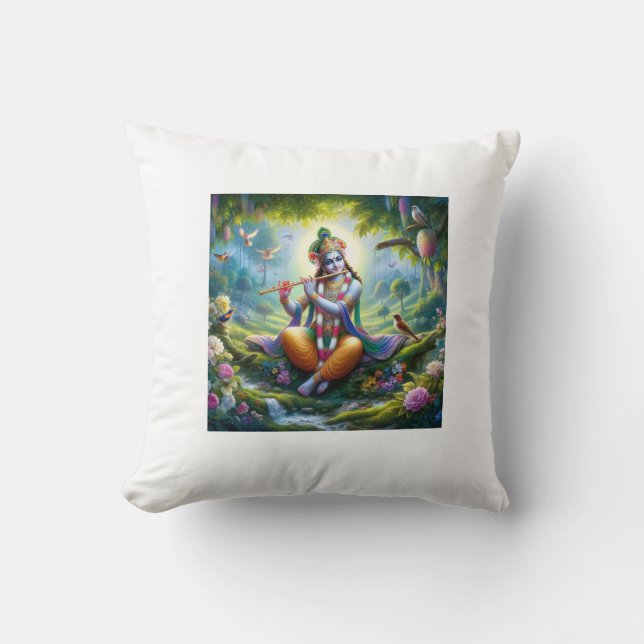 Beautiful depiction of Lord Krishna playing flute Throw Pillow (Front)