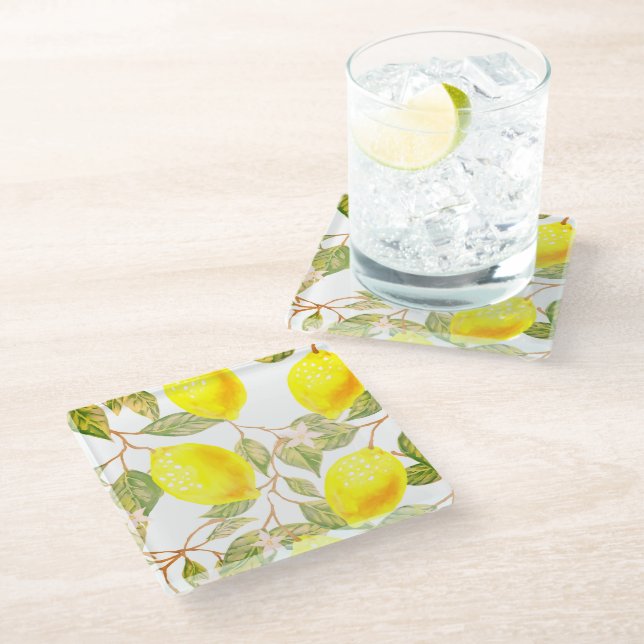 Beautiful design watercolor lemon glass coaster (Angled)
