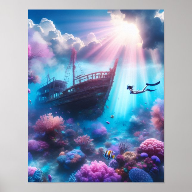Beautiful diver and a shipwreck poster (Front)